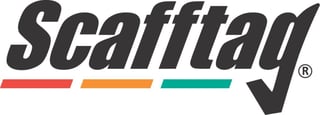 Scafftag company logo with stylized text and colored horizontal lines in red, orange, and teal